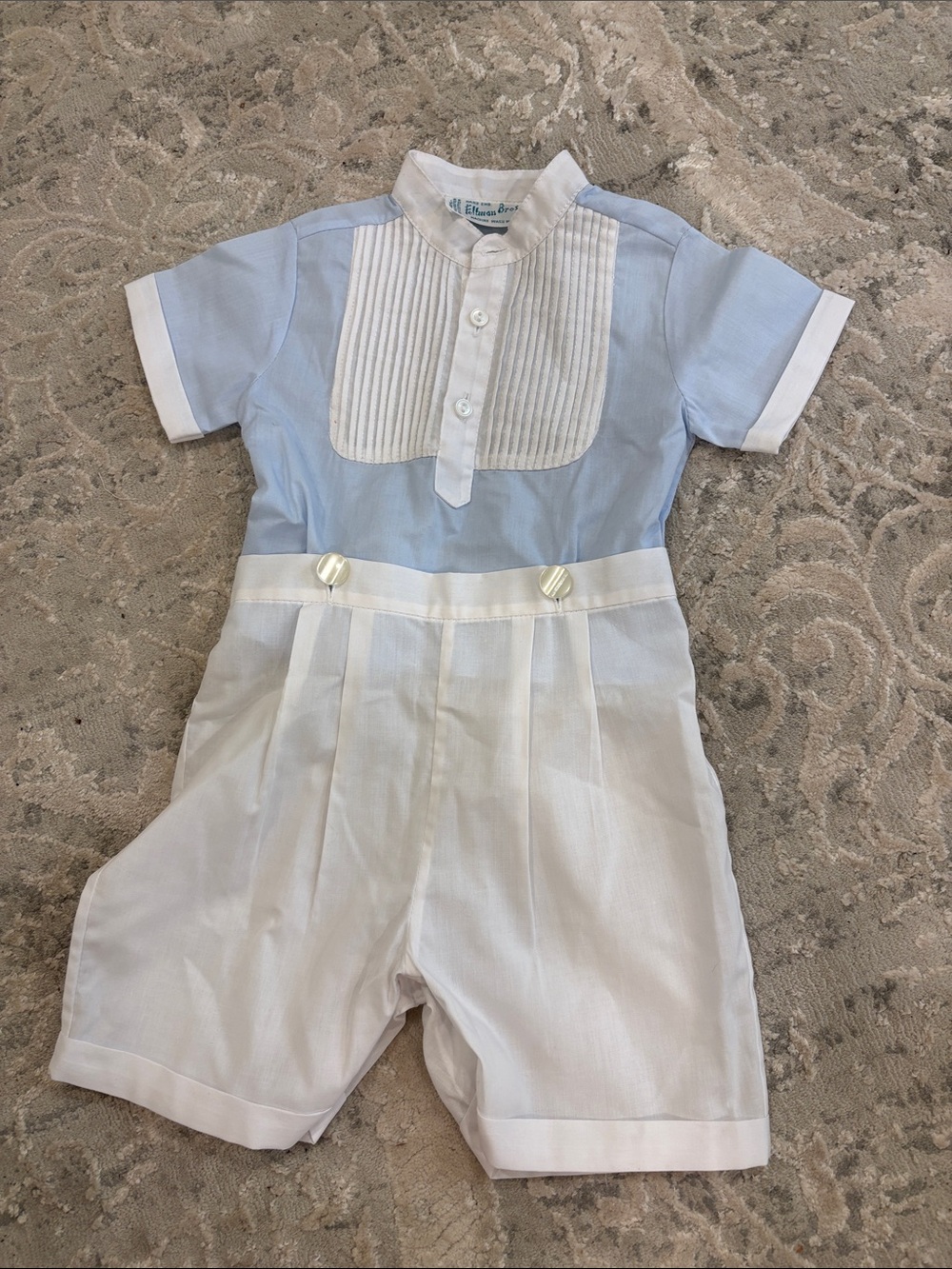 Blue and White Boys' Short Romper with Piped Bib - Classic Dressy Style